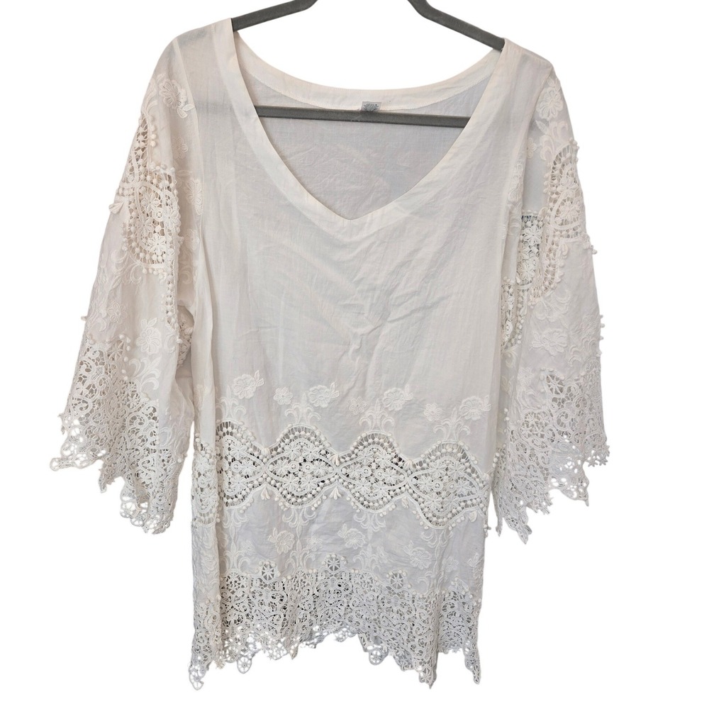 Anthropologie Top Tunic Swim Coverup S/M White Lace Crochet Cotton Boho Coastal